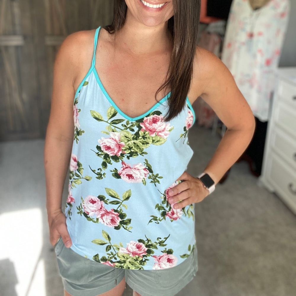 BiBi Light Blue Floral V-Neck Tank